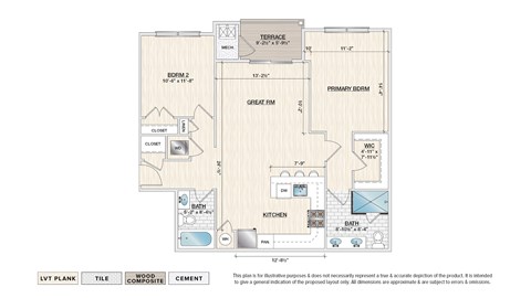 Floor plan for 2 beds, 2 baths, 1068 sqft